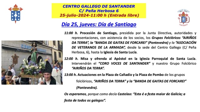 Procesión de Santiago y actuación de los grupos folclóricos Airiños da Terra y Banda de gaitas de Forcarei